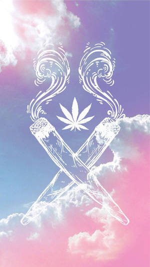 兩支交叉的大麻煙，煙霧在粉彩天空和雲朵中升起。