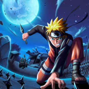 Naruto 在藍色月亮下以忍者姿態站立，手裏劍飛舞。