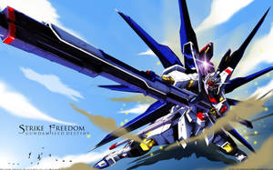 藍白相間的Gundam機動戰士在明亮的天空中飛翔，帶有火花。