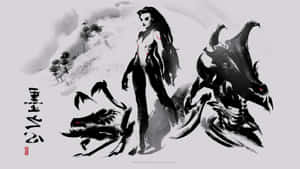 一位長髮女戰士以墨彩風格站在兩條龍形生物旁邊。