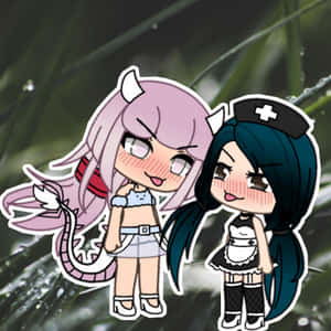 兩個Q版動漫女孩，一個惡魔一個護士，站在帶露水的草地上