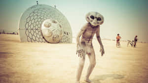 穿著外星人服裝的人站在沙漠藝術裝置附近，背景有騎單車的人。 — 外星人 壁紙