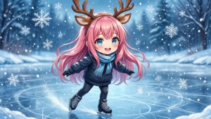 粉紅髮鹿角動漫女孩在雪林溜冰。