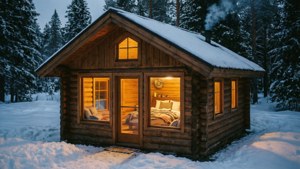 雪地森林中的舒適小屋，溫暖的室內燈光和煙囪的煙霧。