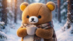 雪地森林中，一隻泰迪熊在夕陽下拿著熱飲。 — 萌 壁紙