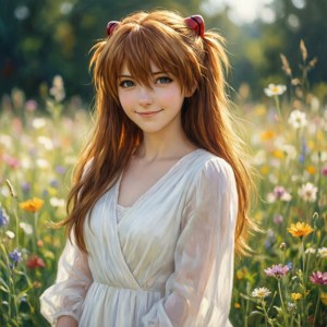 動漫女孩，紅色雙馬尾，在陽光明媚、色彩繽紛的野花田中，穿著白色連衣裙。