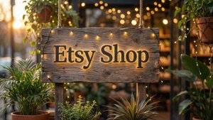 一個木製Etsy Shop招牌，帶有串燈和盆栽植物，置於舒適的戶外環境中。