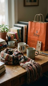 窗邊舒適的桌子，有圍巾、馬克杯、書籍和Etsy袋