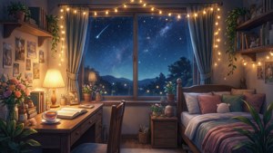舒適的臥室，帶有串燈、書架、書桌和透過窗戶看到的星空景色。