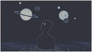 水中人物的剪影看著行星和星星 — 桌面美學 壁紙