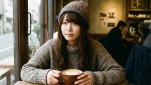 戴針織帽的年輕女子在咖啡館窗邊拿著咖啡杯