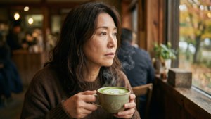 女士在舒適咖啡館拿著冒熱氣抹茶拿鐵望向窗外秋天樹木