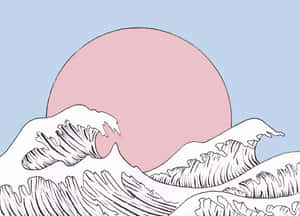 極簡線條藝術插圖中的風格化海浪與粉紅色太陽。