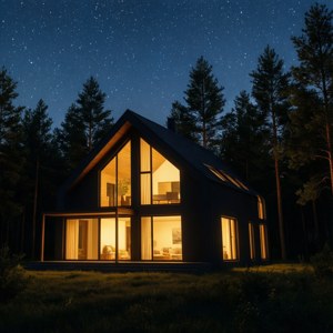 現代小屋在松樹林的星空下散發溫暖光芒