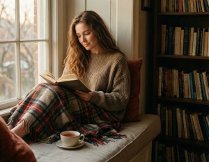 女性在窗邊看書，旁邊放著一杯茶。