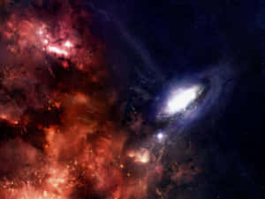 一個被發光紅色星雲和遙遠星星包圍的螺旋星系，位於深空之中。
