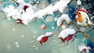 戴紅帽的知更鳥站在雪枝上，有紅色漿果