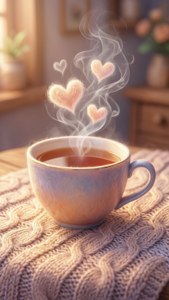 溫暖的茶在杯中，心形蒸氣在舒適的針織毯上升起。