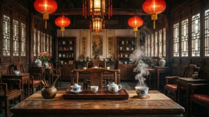 木造茶室，紅色燈籠和矮桌上的茶杯升起蒸氣。 — 中文 壁紙