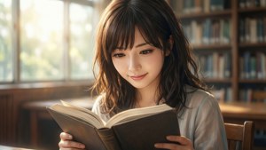 年輕女子在陽光充足的圖書館裡閱讀書籍，背景有書架。 — 中野三玖 壁紙