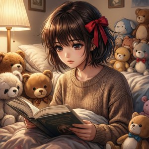 女孩在燈光下被泰迪熊包圍著在床上看書。