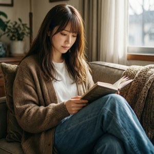 年輕女性在窗邊沙發上閱讀書籍，自然光線照射。