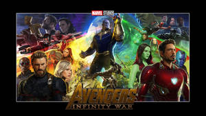 Avengers Infinity War電影海報，英雄和反派以動態姿勢呈現。