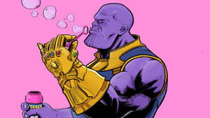 Thanos 戴著他的無限手套吹出粉紅色泡泡。