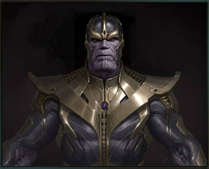 Thanos穿著金色和深色盔甲，表情嚴肅。