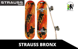 Strauss Bronx滑板，帶有橙色火焰設計和黑色滑板者剪影。 — 滑板 壁紙