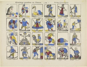 Philippus Jacobus Brepols 創作的《滑稽人物與動物 / 怪誕場景》，創作於 1800 至 1833 年，材質為紙張；採用活字印刷、彩色及木刻技術。下載