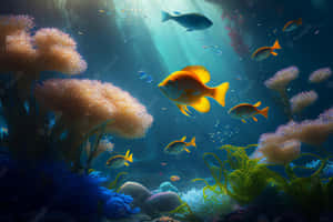 色彩繽紛的魚兒在沐浴在水下陽光中的珊瑚礁間游動。