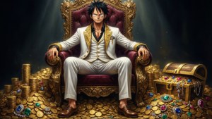 動漫海盜王坐在裝飾華麗的王座上，四周是成堆的金幣和打開的寶箱。
