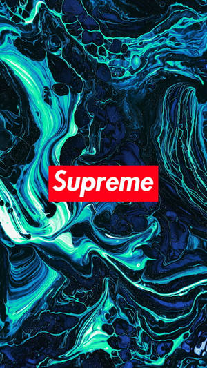 帶有紅色Supreme標誌的抽象藍綠色和黑色漩渦。 — 滴落效果 壁紙