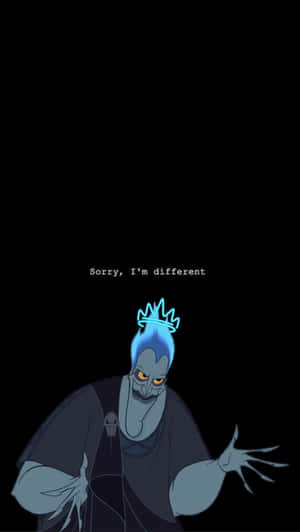 藍皮膚的動畫反派，眼睛發光，戴著皇冠，說「sorry i'm different」。