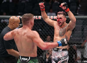MMA拳手在八角籠內經過一場血腥比賽後慶祝勝利。