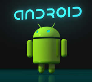 綠色Android機械人，眼睛發光，在深色背景上的青色Android標誌下。 — 平板電腦 壁紙