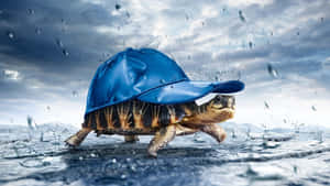 一隻戴著藍色帽子的海龜在暴風雨的天空下走過雨水。