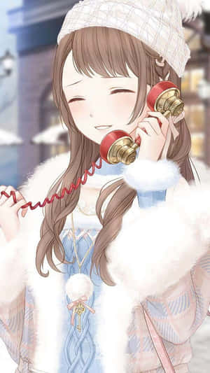 穿著冬季外套的動漫女孩微笑著拿著一個復古紅色電話聽筒。 — 可愛 壁紙