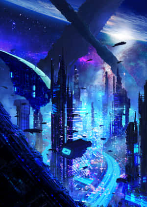星空下，發光的塔樓和飛船組成的未來城市。 — 藍色 壁紙