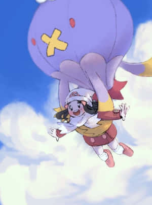 動漫女孩拿著紫色氣球飛過白雲。