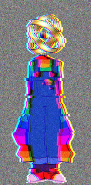 穿著工裝褲的故障藝術人物，頭部和眼睛呈現彩虹扭曲 — 故障 壁紙