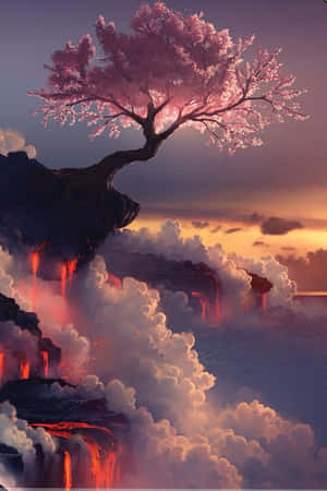 一棵櫻花樹矗立在懸崖上，俯瞰著日落時穿過雲層的熾熱熔岩流。