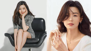 兩位女性在攝影棚擺姿勢，一位坐在黑色椅子上，另一位展示珠寶