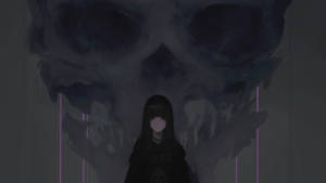 動漫女孩穿著黑色連帽衫，面對昏暗房間中發光的骷髏壁畫。