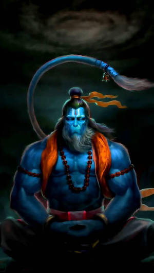 藍皮膚神祇冥想中，長尾，橙色多蒂，黑暗天空。