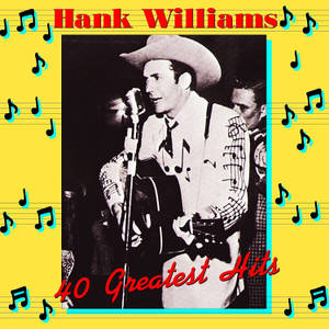 Hank Williams 在黃色音符背景上對著咪高峰唱歌，同時彈奏結他。