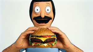Bob's Burgers 的 Bob 拿著一個巨大的芝士漢堡，表情喜悅。