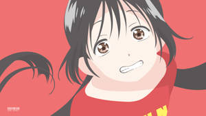 黑髮棕眼嘅動漫女仔，著住紅色衫，背景係珊瑚色。