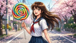 動畫女學生穿著校服在櫻花下拿著巨大的彩虹棒棒糖。